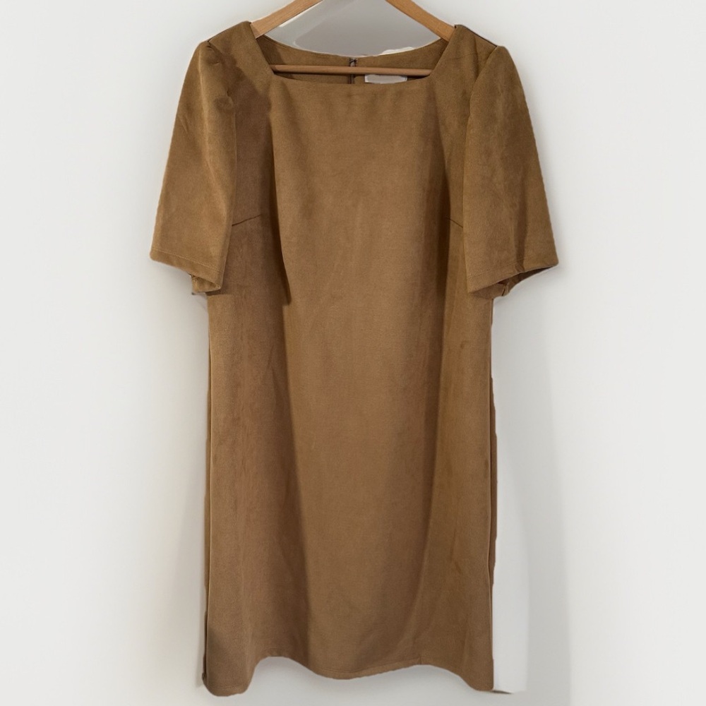 Nine West Faux Suede‎ Dress Camel Brown Square Neck Short Sleeve Women’s Size 14